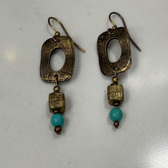 Jewelry - Bronze Tone Dangle Earrings with Turquoise Bead Boho Chic